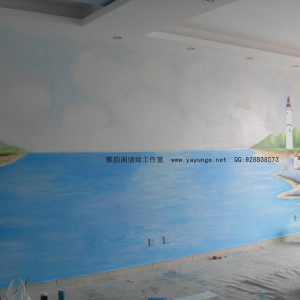 2010年11月深圳市龙华新华城天盛阁客厅背景手绘墙--地中海田园风景