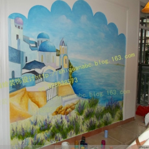 2013年2月春华四季园郑小姐家餐厅手绘背景壁画--手绘地中海风景