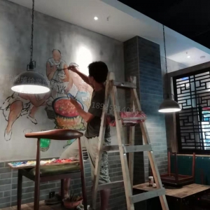 2019年4月深圳龙华民治香川福火锅餐厅背景墙墙绘壁画